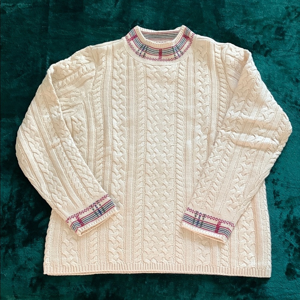 Appleseed's Cream Cable Knit Crew Neck Sweater with Striped Accents